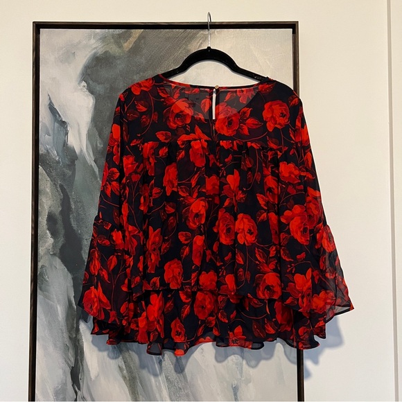 A new day long ruffle sleeve flower detail sheer blouse M - Picture 5 of 6
